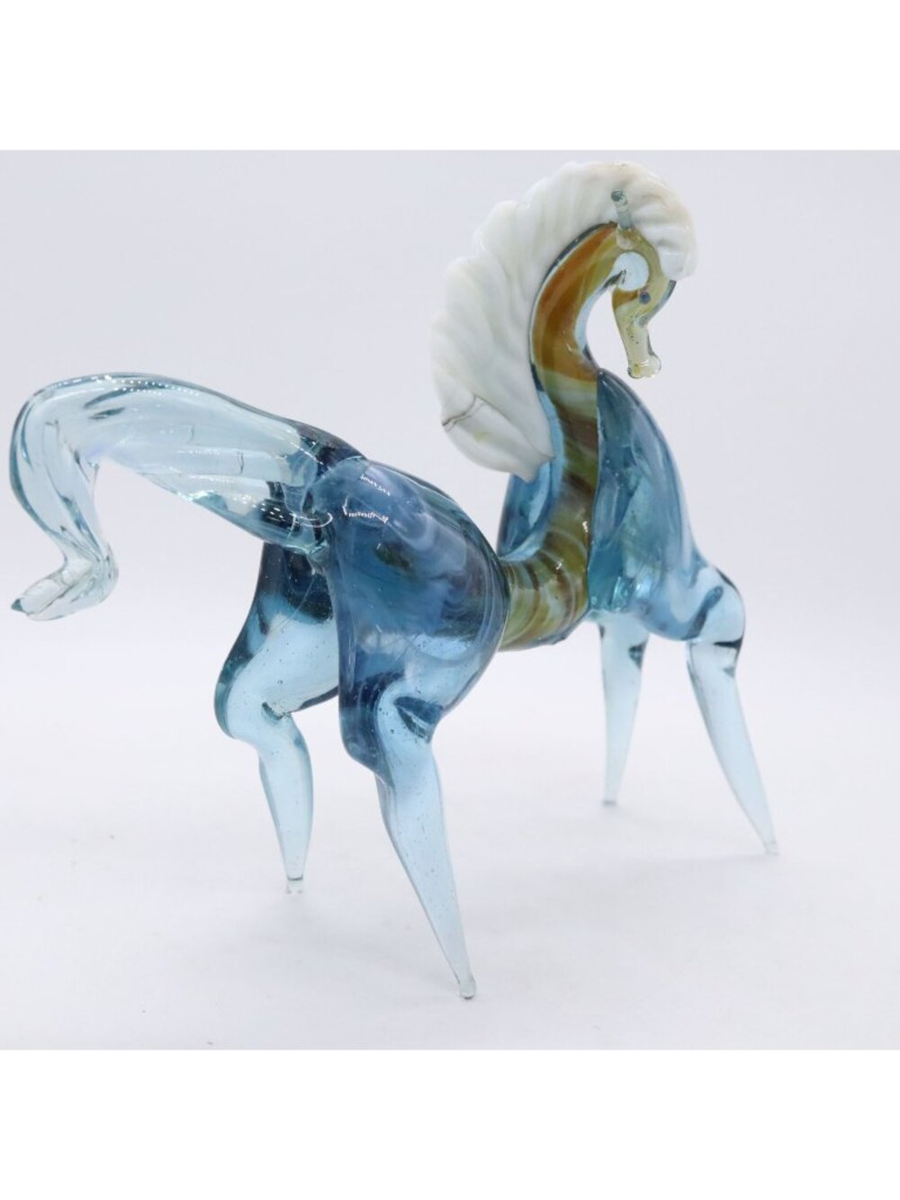 Vintage Art Glass Horse Blue with Inner Gold Orange Swirl 7.5" Tall